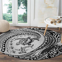 Hawaiian Turtle and Shark Round Carpet Kakau Tribal with Polynesian Pattern White Color LT03 - Polynesian Pride