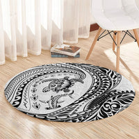 Hawaiian Turtle and Shark Round Carpet Kakau Tribal with Polynesian Pattern White Color LT03 - Polynesian Pride