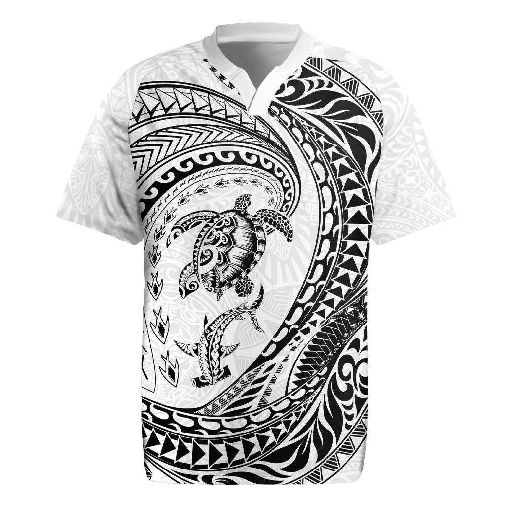 Hawaiian Turtle and Shark Rugby Jersey Kakau Tribal with Polynesian Pattern White Color LT03 White - Polynesian Pride