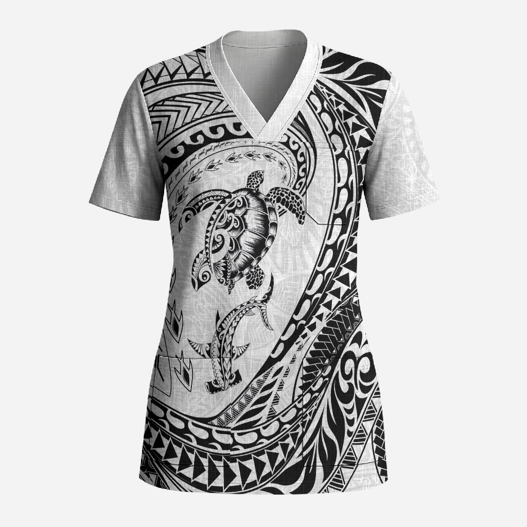 Hawaiian Turtle and Shark Scrub Top Kakau Tribal with Polynesian Pattern White Color LT03 Adult White - Polynesian Pride