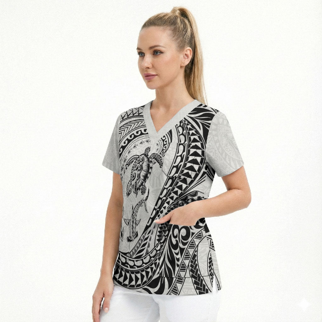 Hawaiian Turtle and Shark Scrub Top Kakau Tribal with Polynesian Pattern White Color LT03 - Polynesian Pride