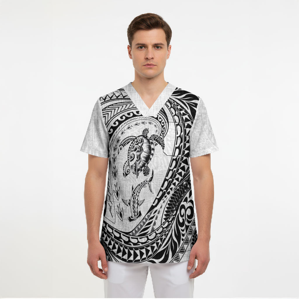 Hawaiian Turtle and Shark Scrub Top Kakau Tribal with Polynesian Pattern White Color LT03 - Polynesian Pride