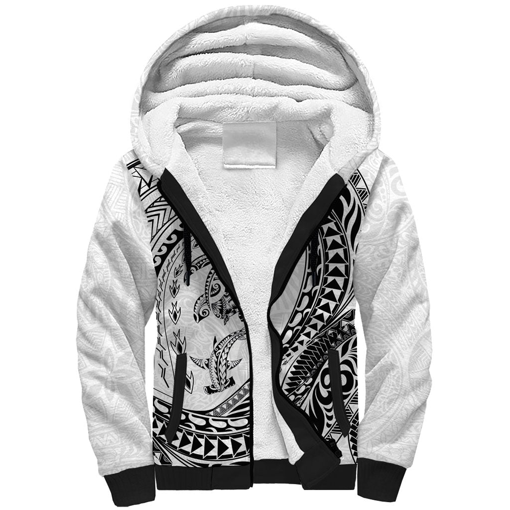 Hawaiian Turtle and Shark Sherpa Hoodie Kakau Tribal with Polynesian Pattern White Color LT03 Unisex White - Polynesian Pride