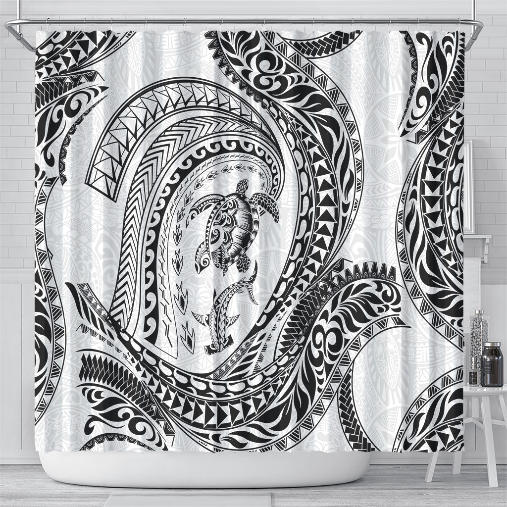 Hawaiian Turtle and Shark Shower Curtain Kakau Tribal with Polynesian Pattern White Color LT03 - Polynesian Pride