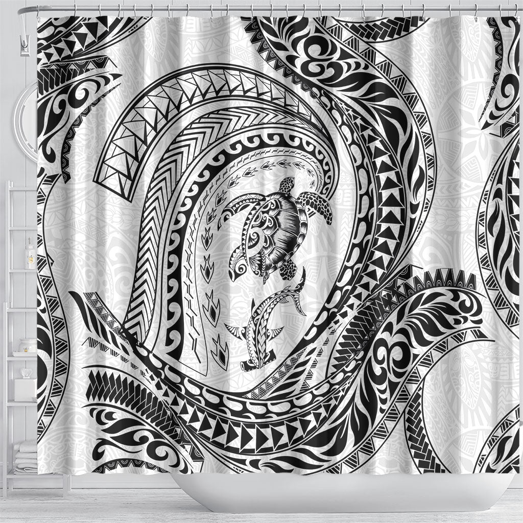Hawaiian Turtle and Shark Shower Curtain Kakau Tribal with Polynesian Pattern White Color LT03 - Polynesian Pride