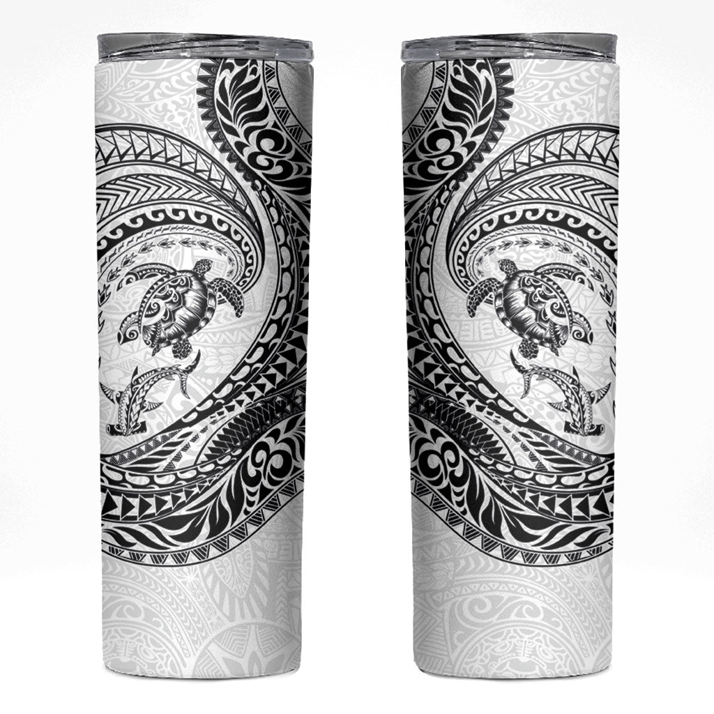 Hawaiian Turtle and Shark Skinny Tumbler Kakau Tribal with Polynesian Pattern White Color LT03 White - Polynesian Pride