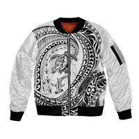 Hawaiian Turtle and Shark Sleeve Zip Bomber Jacket Kakau Tribal with Polynesian Pattern White Color LT03 Unisex White - Polynesian Pride