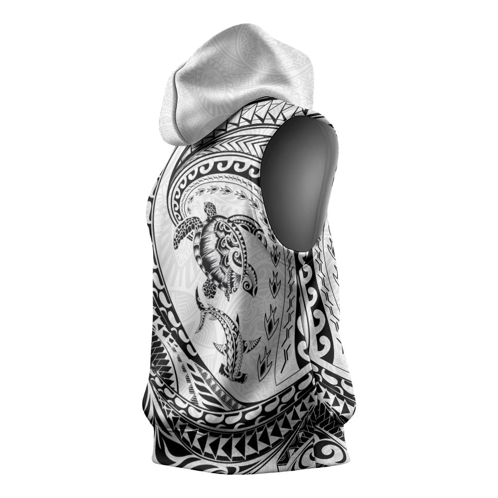 Hawaiian Turtle and Shark Sleeveless Hoodie Kakau Tribal with Polynesian Pattern White Color LT03 - Polynesian Pride