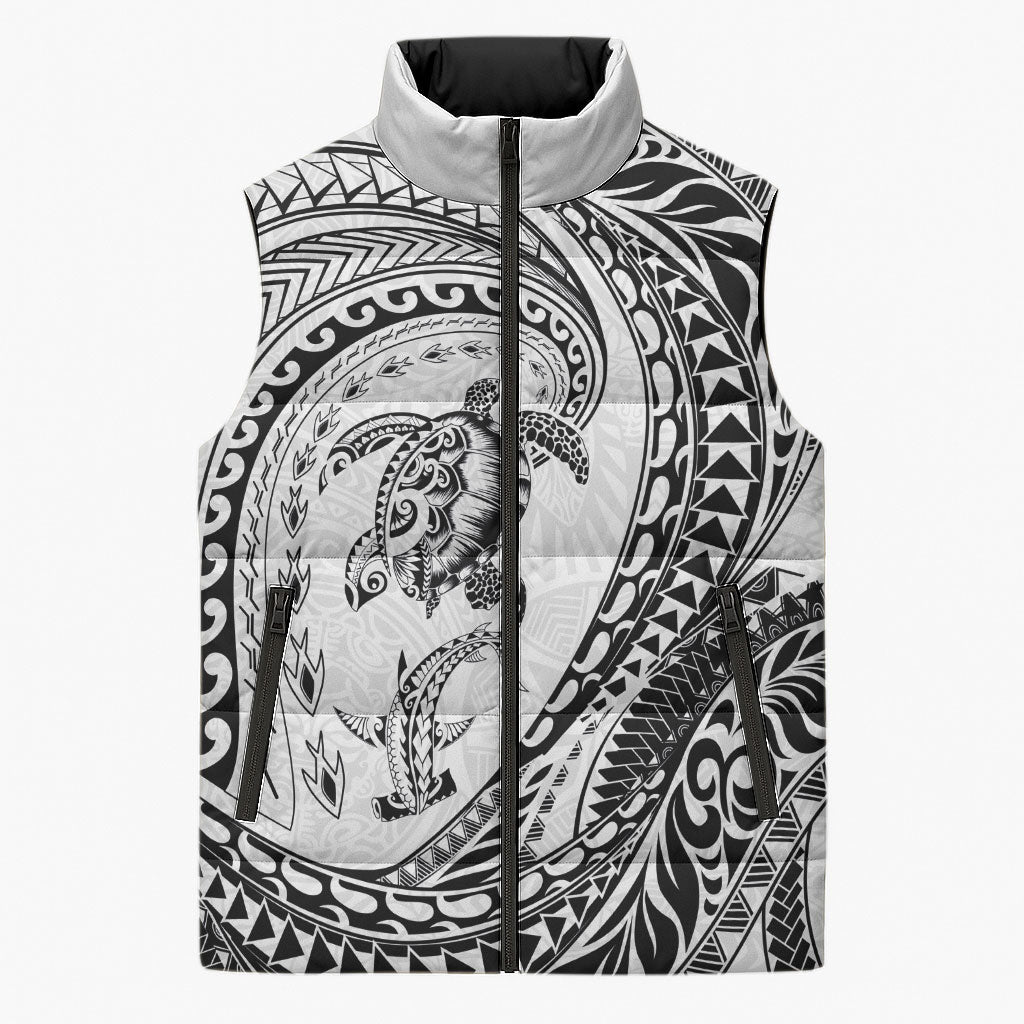 Hawaiian Turtle and Shark Sleeveless Puffer Jacket Kakau Tribal with Polynesian Pattern White Color LT03 Unisex White - Polynesian Pride
