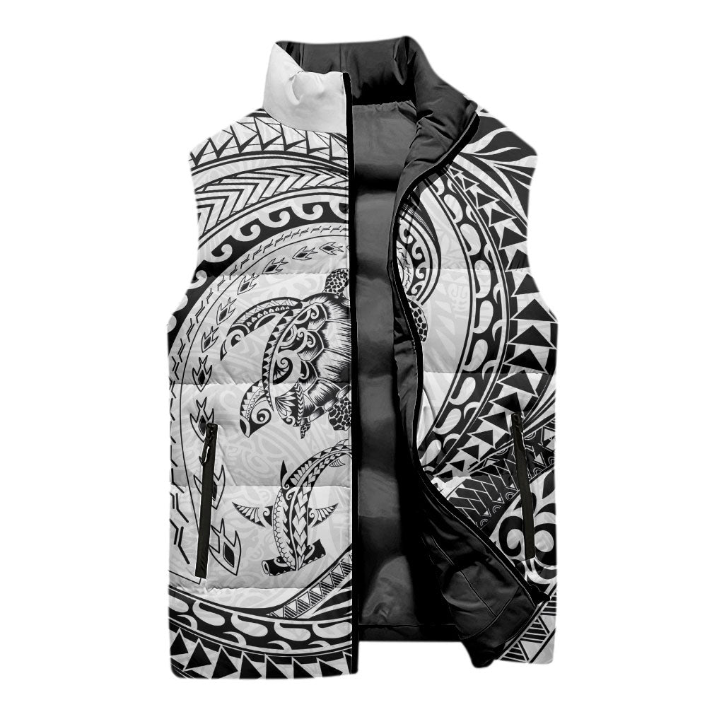 Hawaiian Turtle and Shark Sleeveless Puffer Jacket Kakau Tribal with Polynesian Pattern White Color LT03 - Polynesian Pride