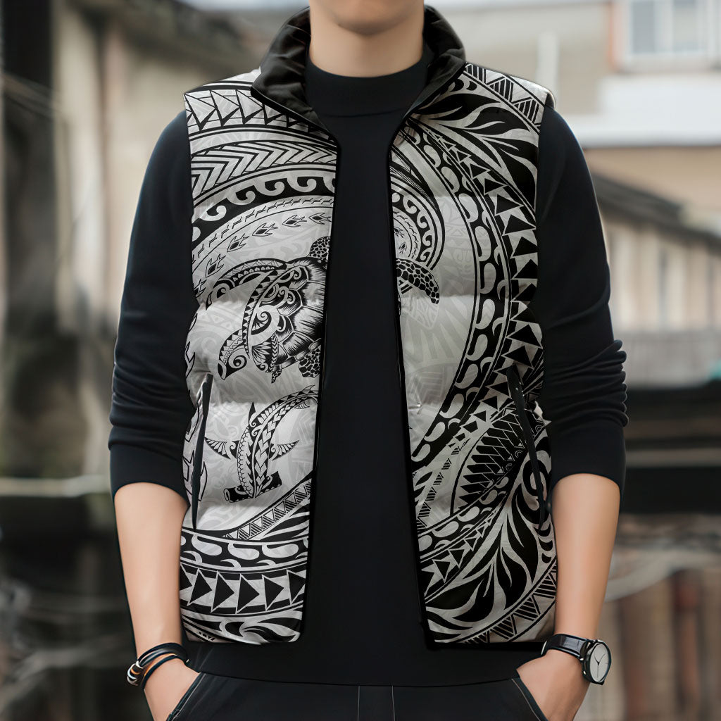 Hawaiian Turtle and Shark Sleeveless Puffer Jacket Kakau Tribal with Polynesian Pattern White Color LT03 - Polynesian Pride
