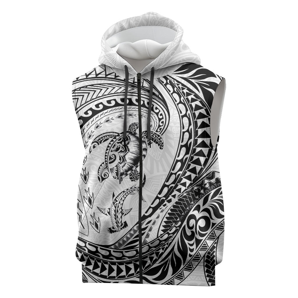 Hawaiian Turtle and Shark Sleeveless Zip Hoodie Kakau Tribal with Polynesian Pattern White Color LT03 White - Polynesian Pride