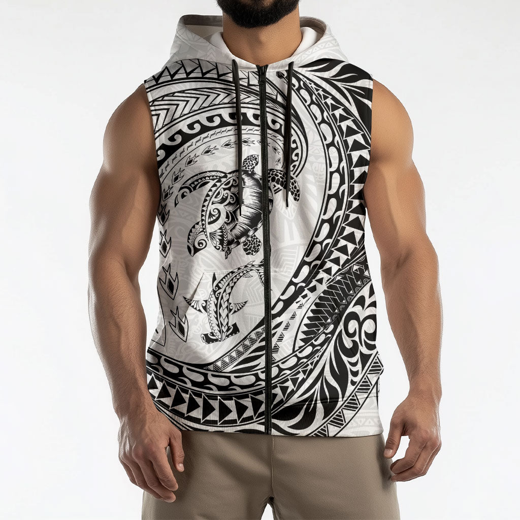 Hawaiian Turtle and Shark Sleeveless Zip Hoodie Kakau Tribal with Polynesian Pattern White Color LT03 - Polynesian Pride