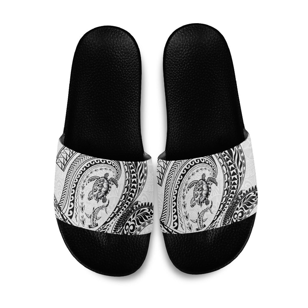 Hawaiian Turtle and Shark Slide Sandals Kakau Tribal with Polynesian Pattern White Color LT03 White - Polynesian Pride