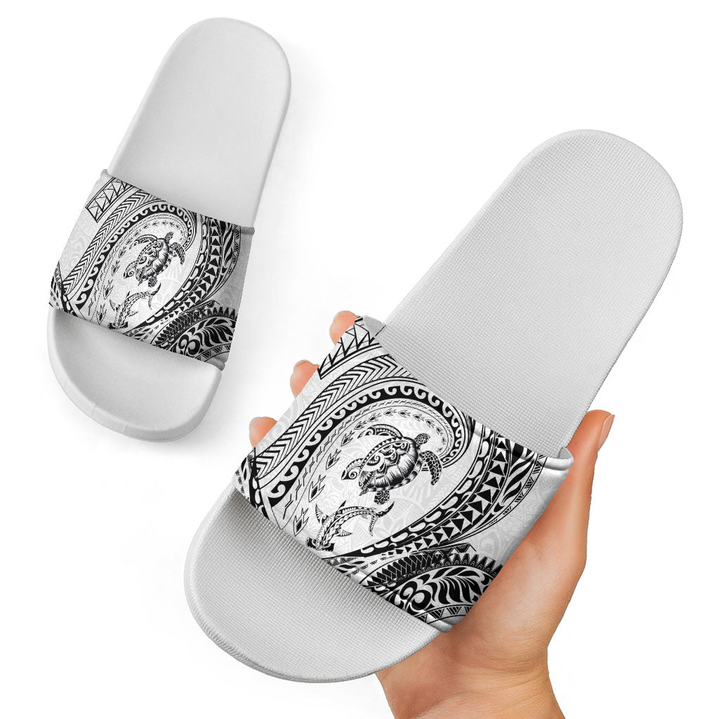 Hawaiian Turtle and Shark Slide Sandals Kakau Tribal with Polynesian Pattern White Color LT03 - Polynesian Pride