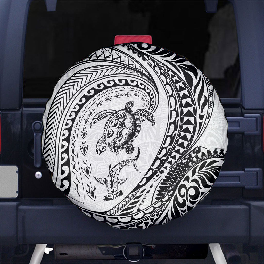 Hawaiian Turtle and Shark Spare Tire Cover Kakau Tribal with Polynesian Pattern White Color LT03 No hole White - Polynesian Pride