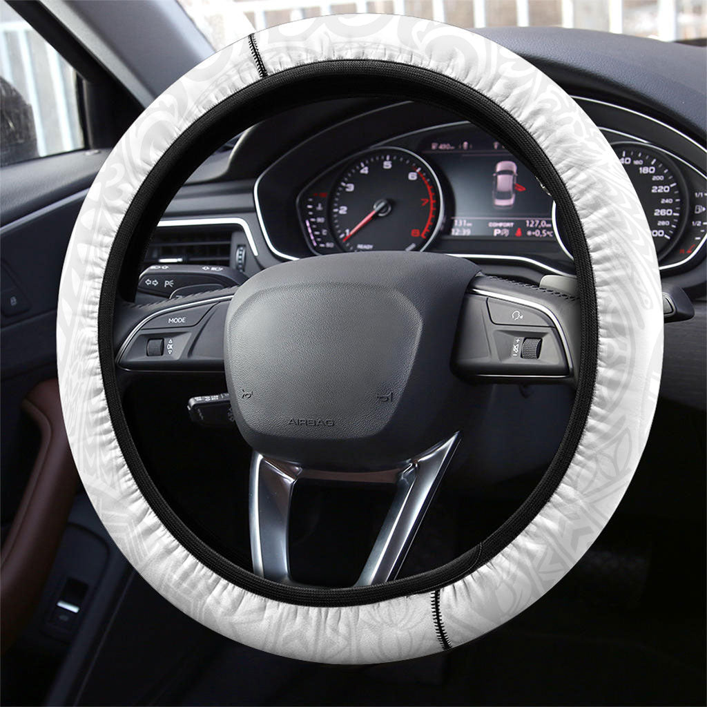 Hawaiian Turtle and Shark Steering Wheel Cover Kakau Tribal with Polynesian Pattern White Color LT03 - Polynesian Pride