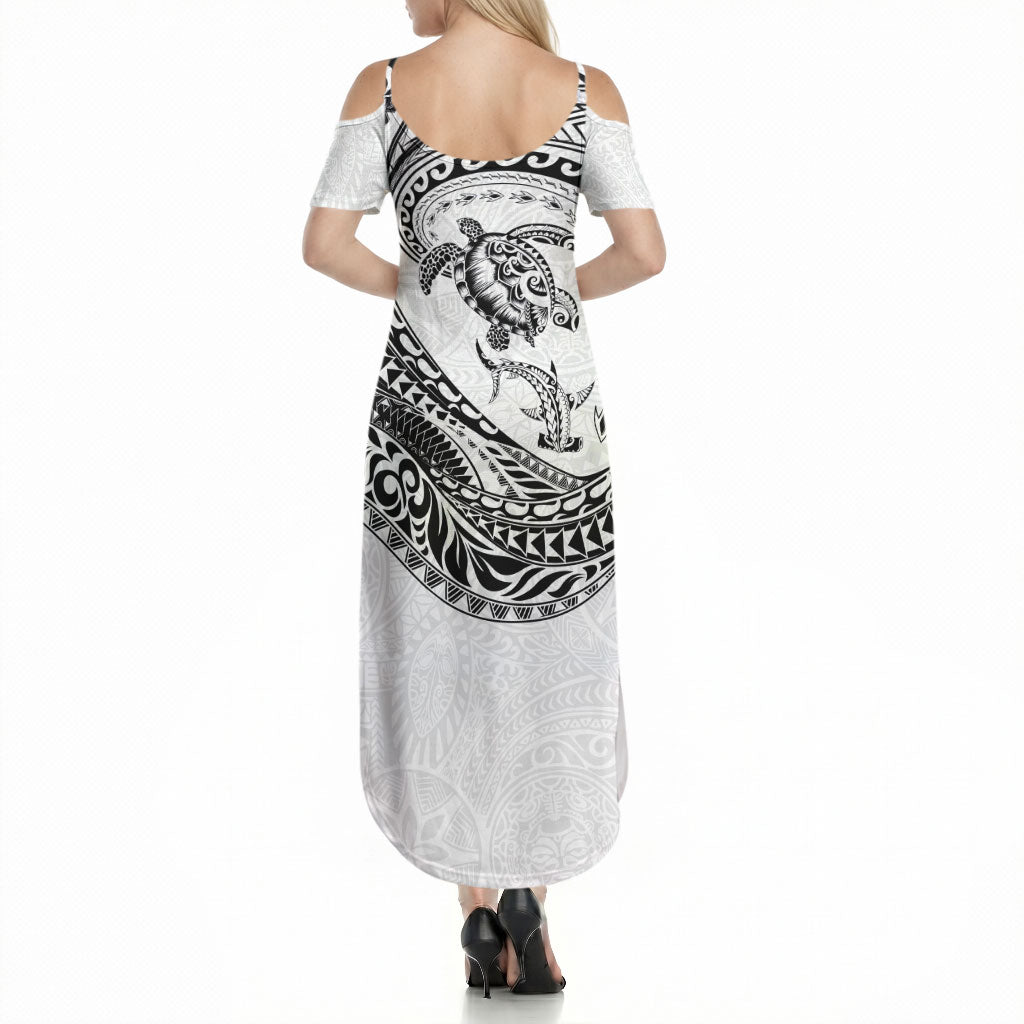 Hawaiian Turtle and Shark Summer Maxi Dress Kakau Tribal with Polynesian Pattern White Color LT03 - Polynesian Pride