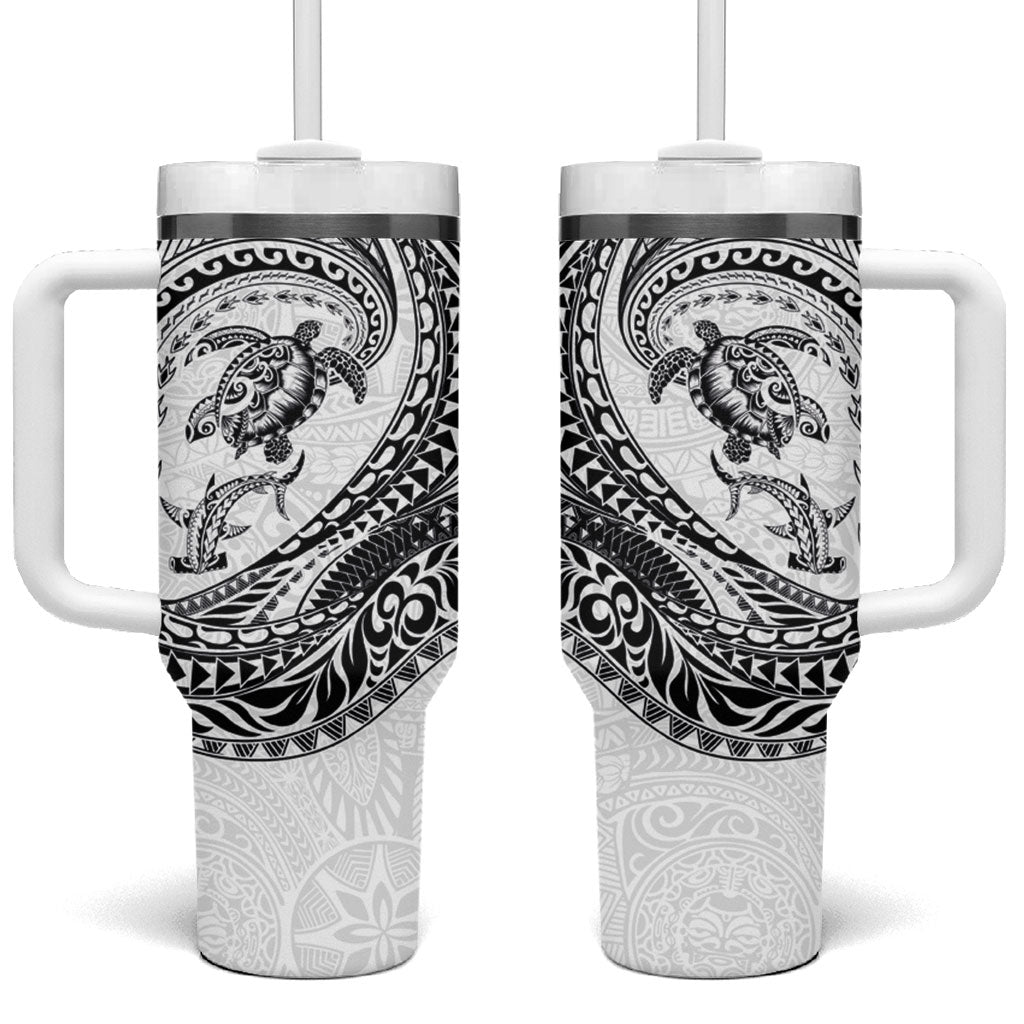 Hawaiian Turtle and Shark Tumbler With Handle Kakau Tribal with Polynesian Pattern White Color LT03 One Size: 40 oz White - Polynesian Pride
