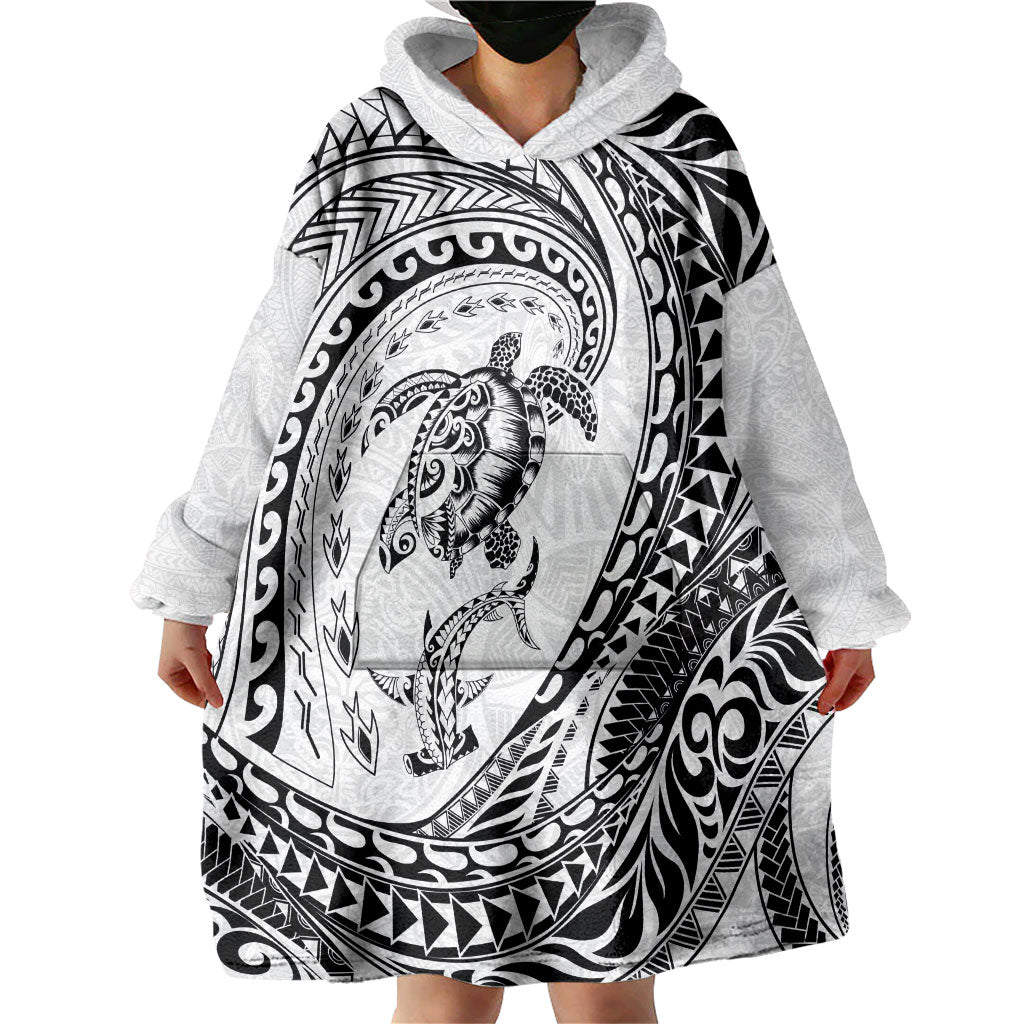 Hawaiian Turtle and Shark Wearable Blanket Hoodie Kakau Tribal with Polynesian Pattern White Color LT03 - Polynesian Pride