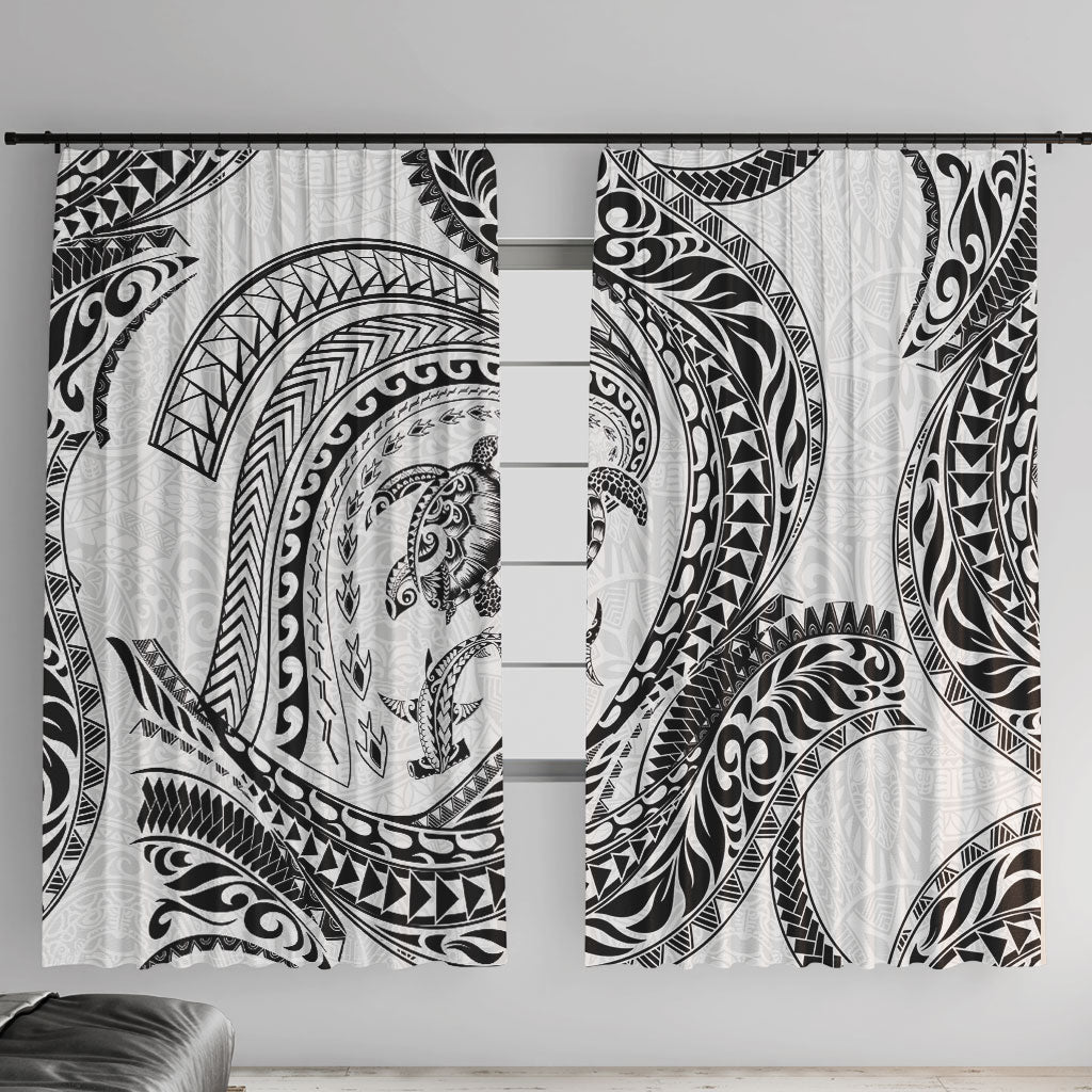 Hawaiian Turtle and Shark Window Curtain Kakau Tribal with Polynesian Pattern White Color LT03 With Hooks White - Polynesian Pride
