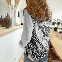Hawaiian Turtle and Shark Women Casual Shirt Kakau Tribal with Polynesian Pattern White Color LT03 - Polynesian Pride