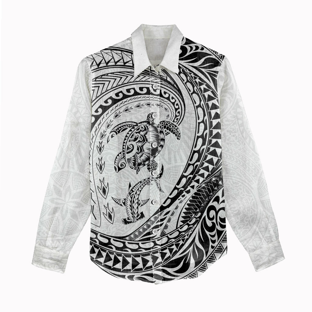 Hawaiian Turtle and Shark Women Casual Shirt Kakau Tribal with Polynesian Pattern White Color LT03 - Polynesian Pride