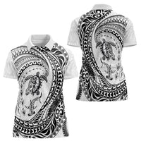 Hawaiian Turtle and Shark Women Polo Shirt Kakau Tribal with Polynesian Pattern White Color LT03 - Polynesian Pride