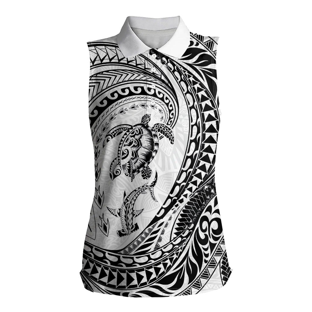Hawaiian Turtle and Shark Women Sleeveless Polo Shirt Kakau Tribal with Polynesian Pattern White Color LT03 Female White - Polynesian Pride
