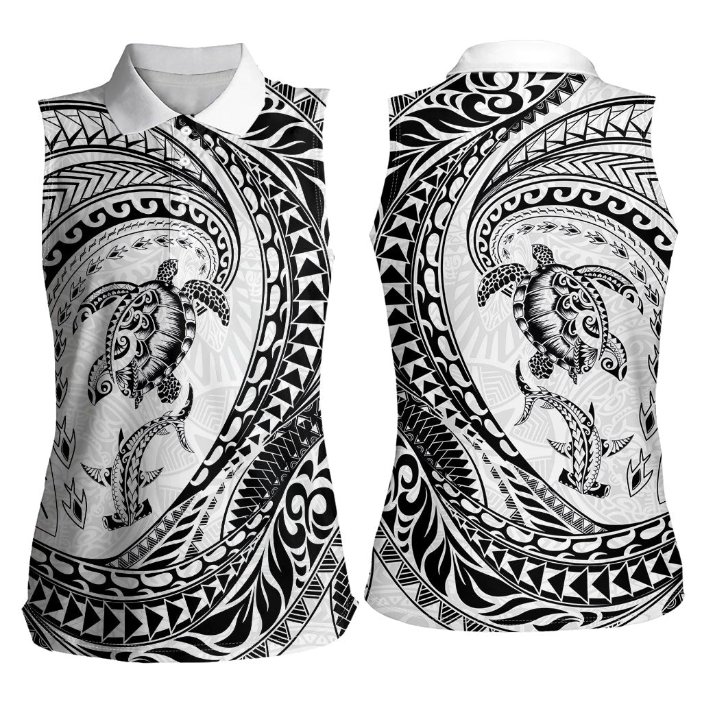 Hawaiian Turtle and Shark Women Sleeveless Polo Shirt Kakau Tribal with Polynesian Pattern White Color LT03 - Polynesian Pride