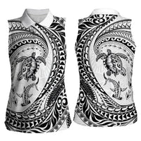Hawaiian Turtle and Shark Women Sleeveless Polo Shirt Kakau Tribal with Polynesian Pattern White Color LT03 - Polynesian Pride