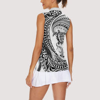 Hawaiian Turtle and Shark Women Sleeveless Polo Shirt Kakau Tribal with Polynesian Pattern White Color LT03 - Polynesian Pride