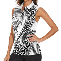 Hawaiian Turtle and Shark Women Sleeveless Polo Shirt Kakau Tribal with Polynesian Pattern White Color LT03 - Polynesian Pride