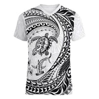 Hawaiian Turtle and Shark Women V-Neck T-Shirt Kakau Tribal with Polynesian Pattern White Color LT03 Female White - Polynesian Pride