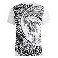 Hawaiian Turtle and Shark Women V-Neck T-Shirt Kakau Tribal with Polynesian Pattern White Color LT03 - Polynesian Pride