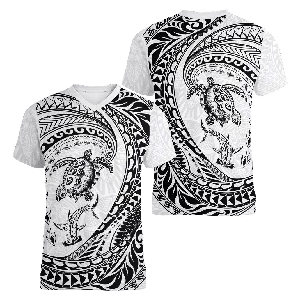 Hawaiian Turtle and Shark Women V-Neck T-Shirt Kakau Tribal with Polynesian Pattern White Color LT03 - Polynesian Pride