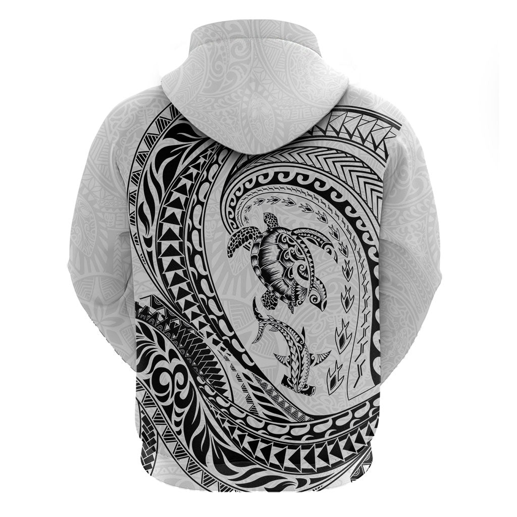 Hawaiian Turtle and Shark Zip Hoodie Kakau Tribal with Polynesian Pattern White Color LT03 - Polynesian Pride
