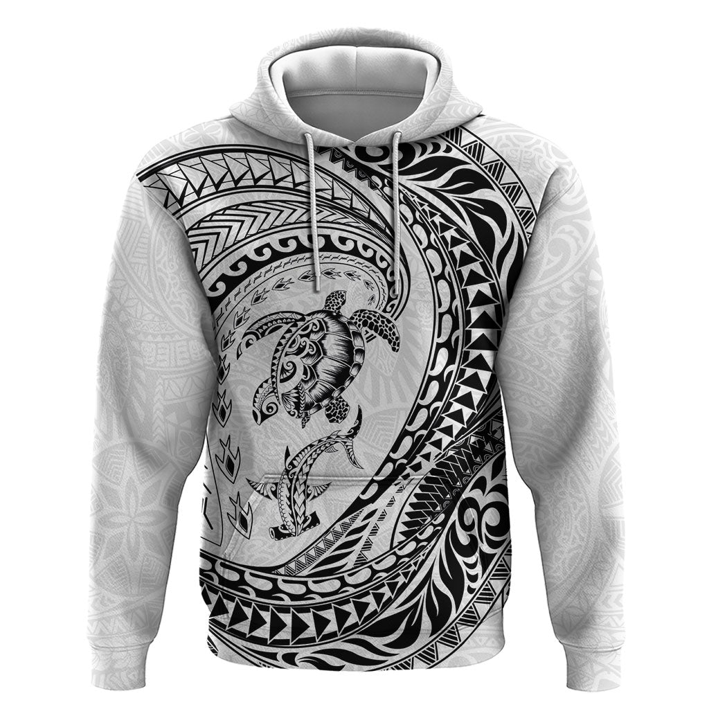 Hawaiian Turtle and Shark Zip Hoodie Kakau Tribal with Polynesian Pattern White Color LT03 Pullover Hoodie White - Polynesian Pride