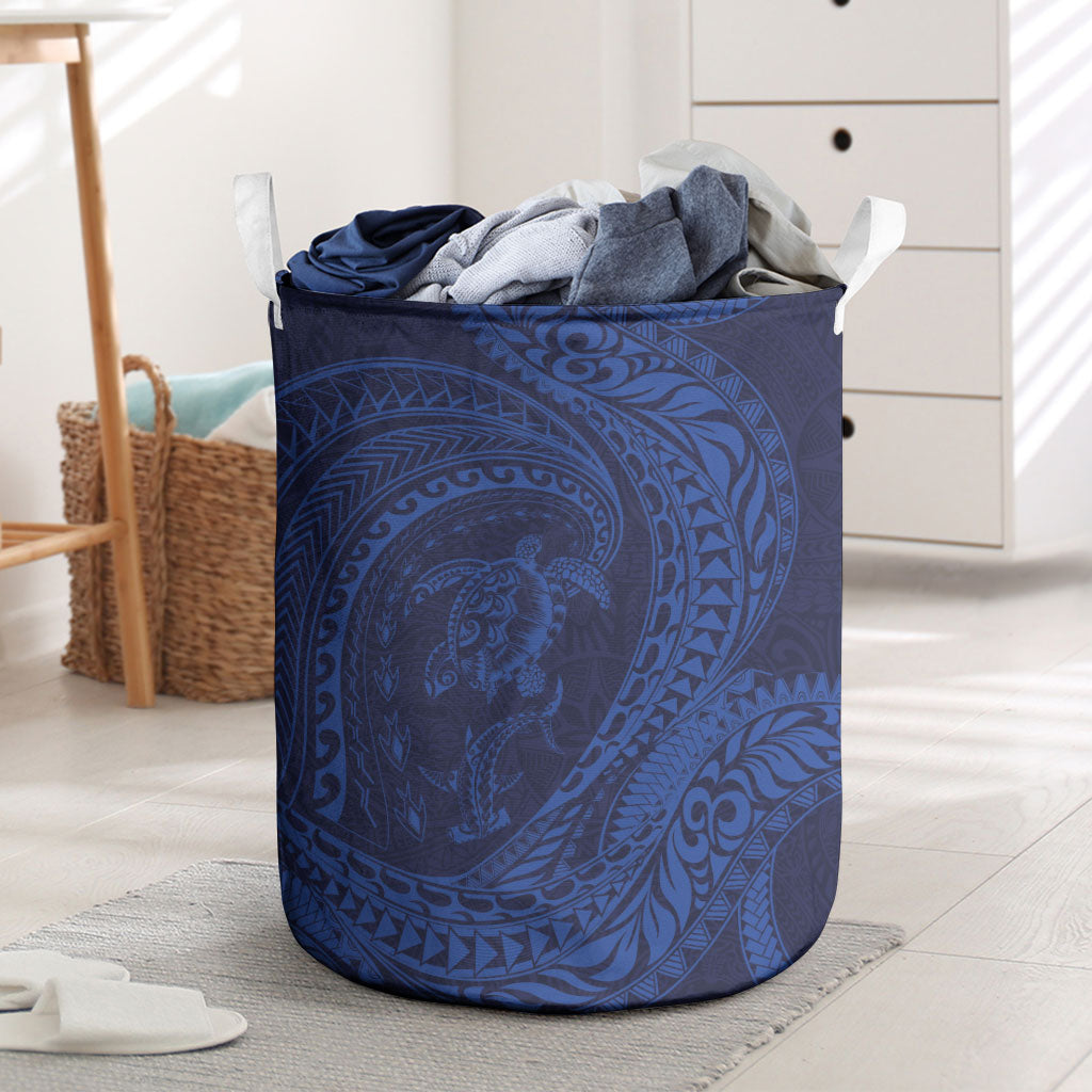 Hawaiian Turtle and Shark Laundry Basket Kakau Tribal with Polynesian Pattern Blue Color LT03 Blue - Polynesian Pride