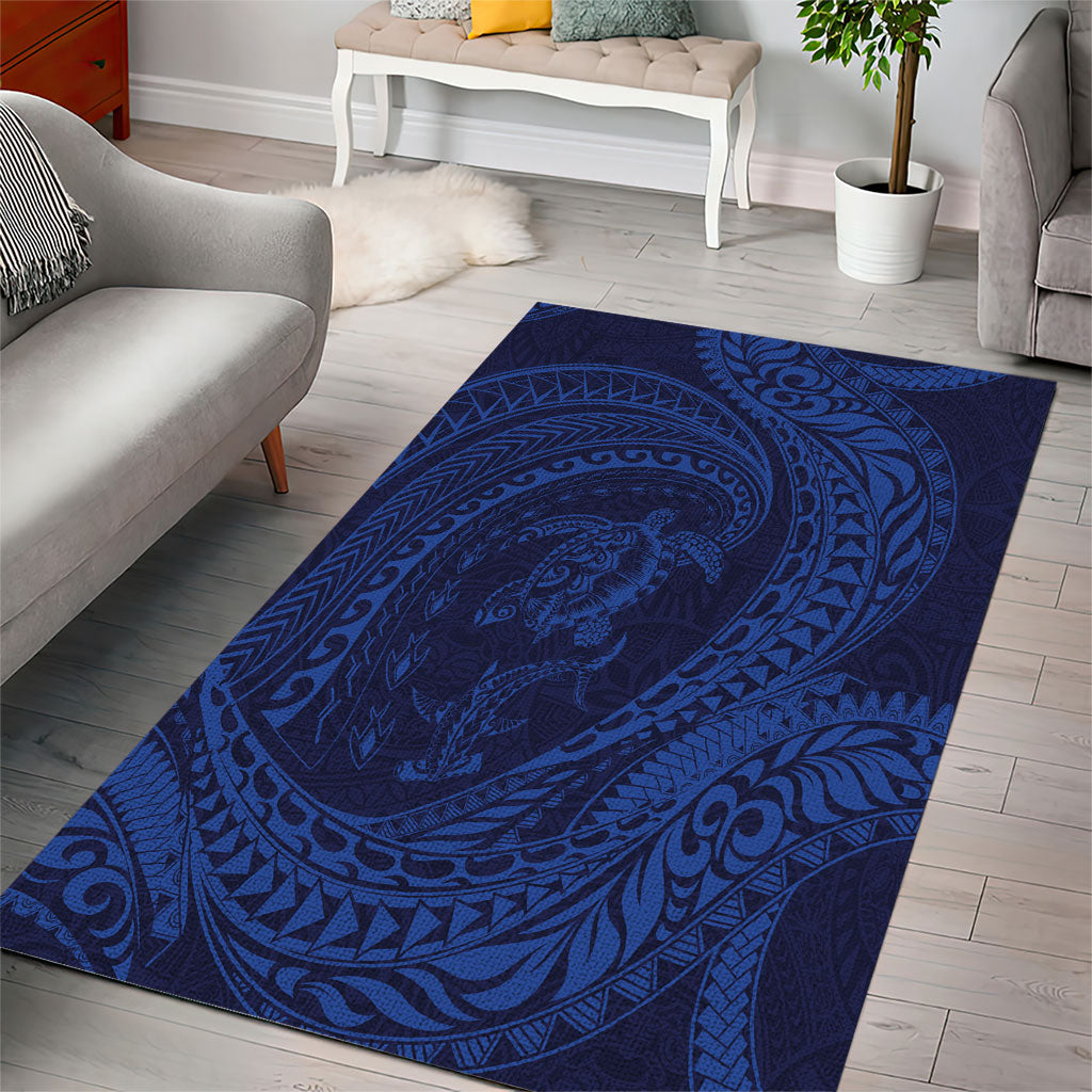 Hawaiian Turtle and Shark Area Rug Kakau Tribal with Polynesian Pattern Blue Color LT03 - Polynesian Pride