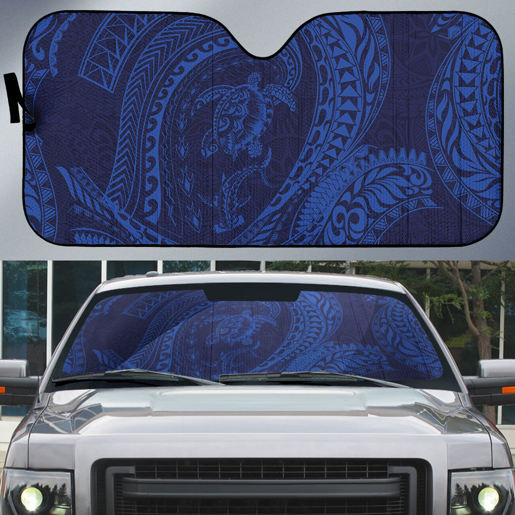 Hawaiian Turtle and Shark Auto Sun Shade Kakau Tribal with Polynesian Pattern Blue Color LT03 Blue - Polynesian Pride