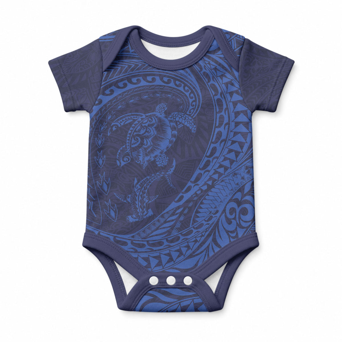 Hawaiian Turtle and Shark Baby Onesie Kakau Tribal with Polynesian Pattern Blue Color