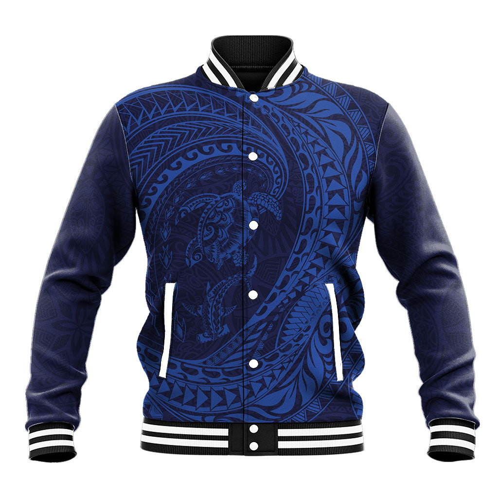 Hawaiian Turtle and Shark Baseball Jacket Kakau Tribal with Polynesian Pattern Blue Color LT03 Unisex Blue - Polynesian Pride