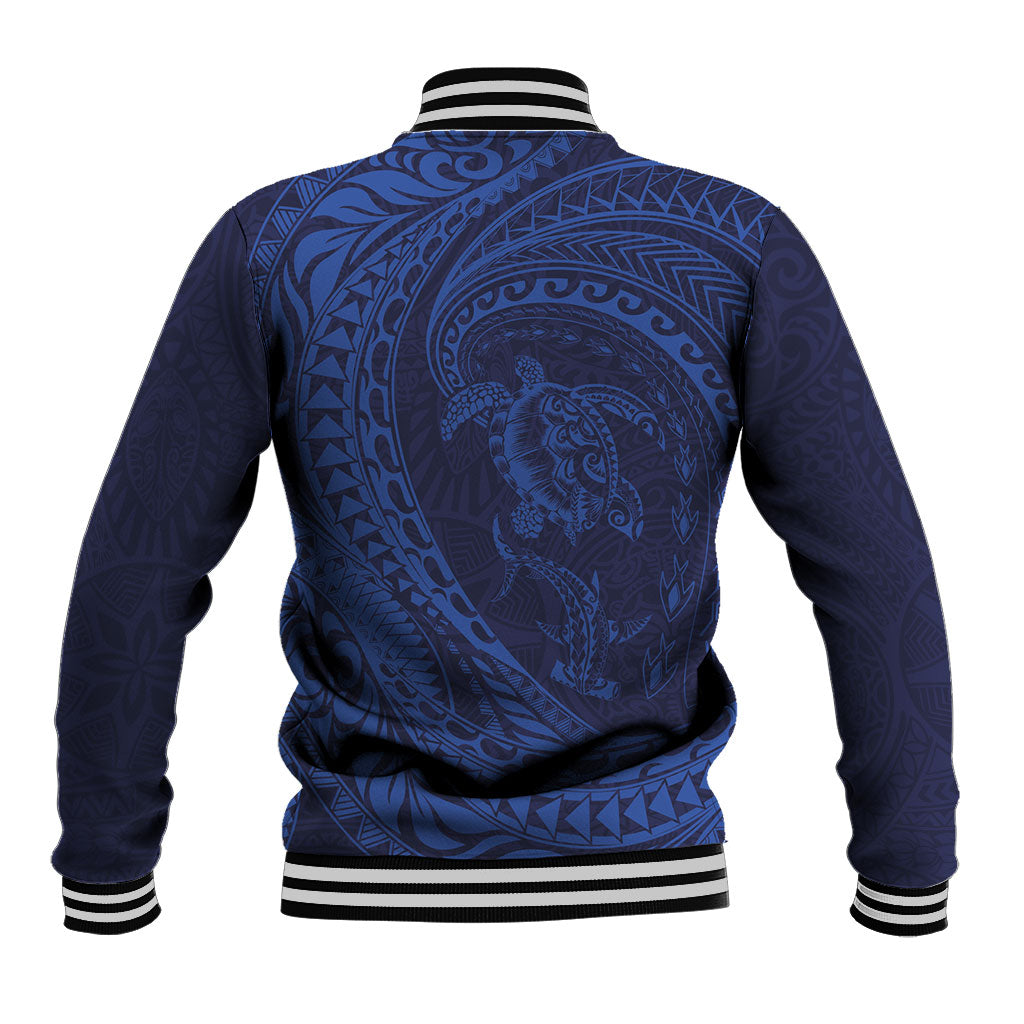 Hawaiian Turtle and Shark Baseball Jacket Kakau Tribal with Polynesian Pattern Blue Color LT03 - Polynesian Pride