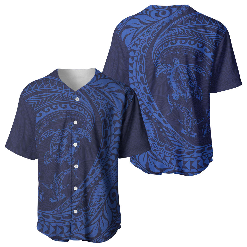 Hawaiian Turtle and Shark Baseball Jersey Kakau Tribal with Polynesian Pattern Blue Color LT03 - Polynesian Pride