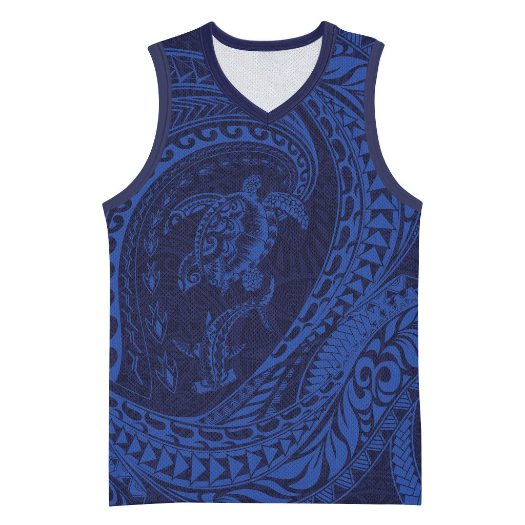 Hawaiian Turtle and Shark Basketball Jersey Kakau Tribal with Polynesian Pattern Blue Color LT03 Unisex Blue - Polynesian Pride