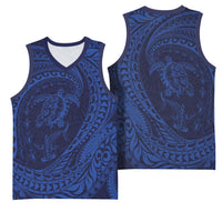 Hawaiian Turtle and Shark Basketball Jersey Kakau Tribal with Polynesian Pattern Blue Color LT03 - Polynesian Pride