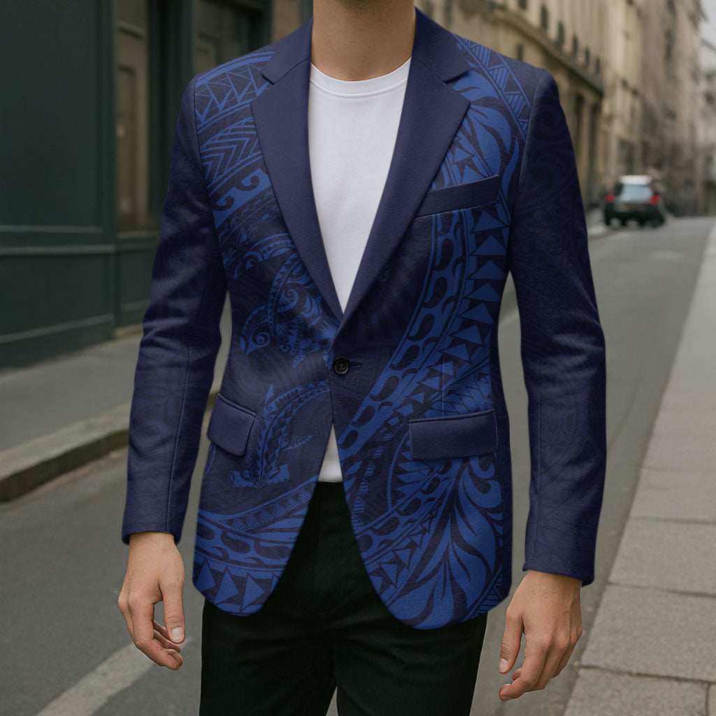 Hawaiian Turtle and Shark Blazer Kakau Tribal with Polynesian Pattern Blue Color LT03 - Polynesian Pride