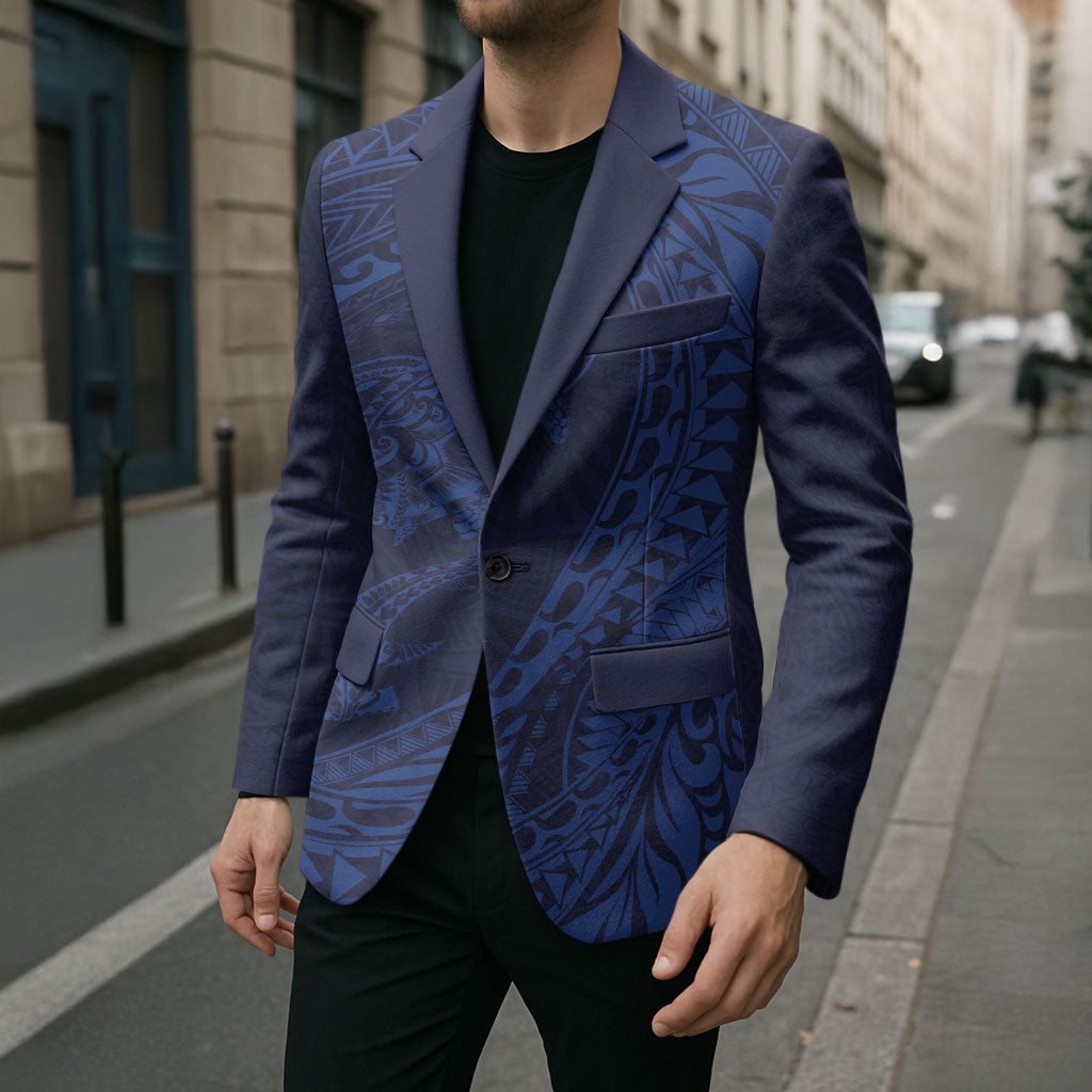 Hawaiian Turtle and Shark Blazer Kakau Tribal with Polynesian Pattern Blue Color LT03 - Polynesian Pride