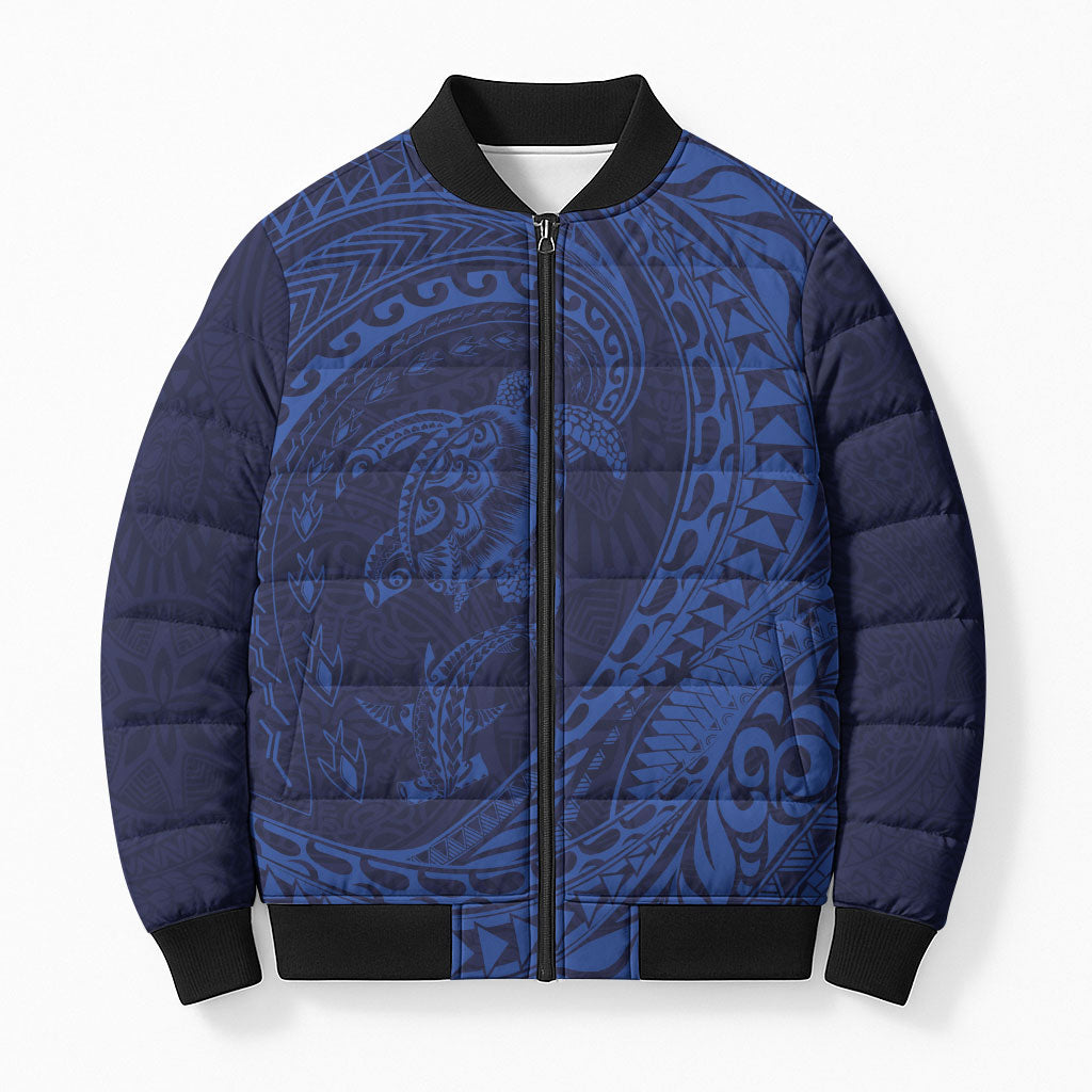 Hawaiian Turtle and Shark Bomber Puffer Jacket Kakau Tribal with Polynesian Pattern Blue Color LT03 Unisex Blue - Polynesian Pride